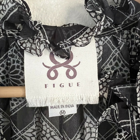 FIGUE Gabriella 100% Silk Diamond Tile Print Ruffle Midi Dress in Black - Picture 5 of 8